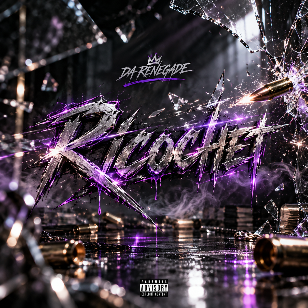 Ricochet album cover: Da Renegade lettering over neon violet shattered glass and a bullet